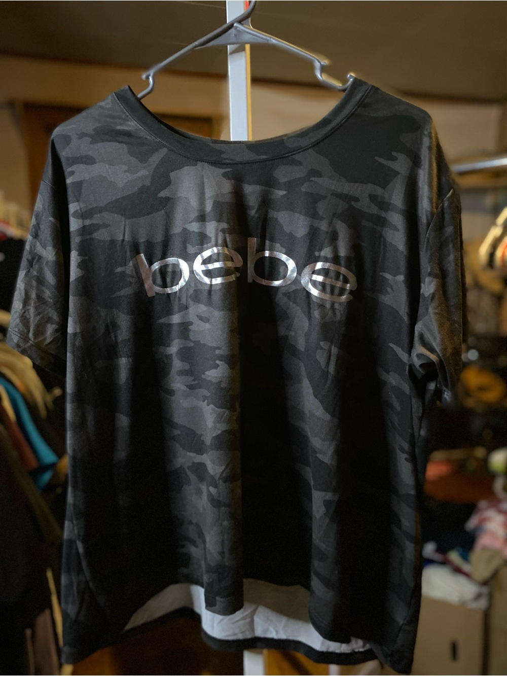 bebe Camo Metallic Logo Short Sleeve Tee